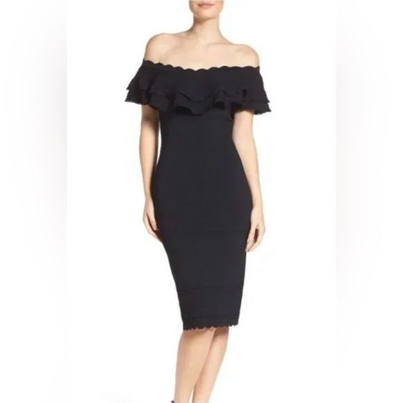 ELIZA J OFF SHOULDER RUFFLE KNIT BLACK SHEATH DRESS Black - Picture 2 of 14